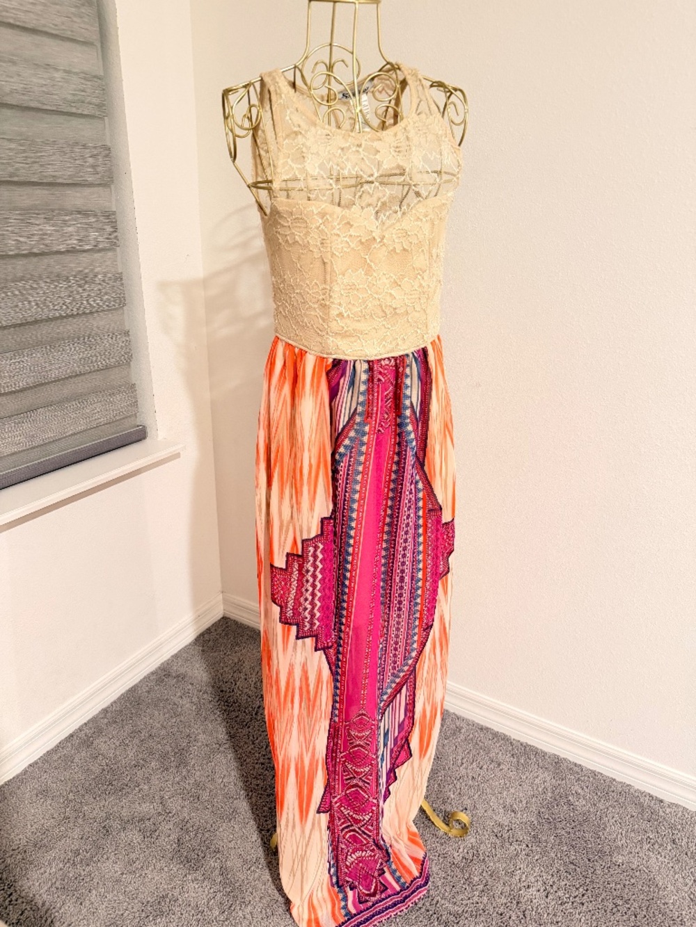 Lace Bodice Boho Maxi Dress in Cream & Bright Pink